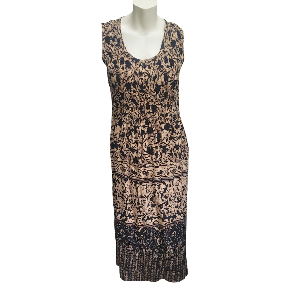 R&K Originals Petite Tan Black Smocked Boho Floral Maxi Dress 12P